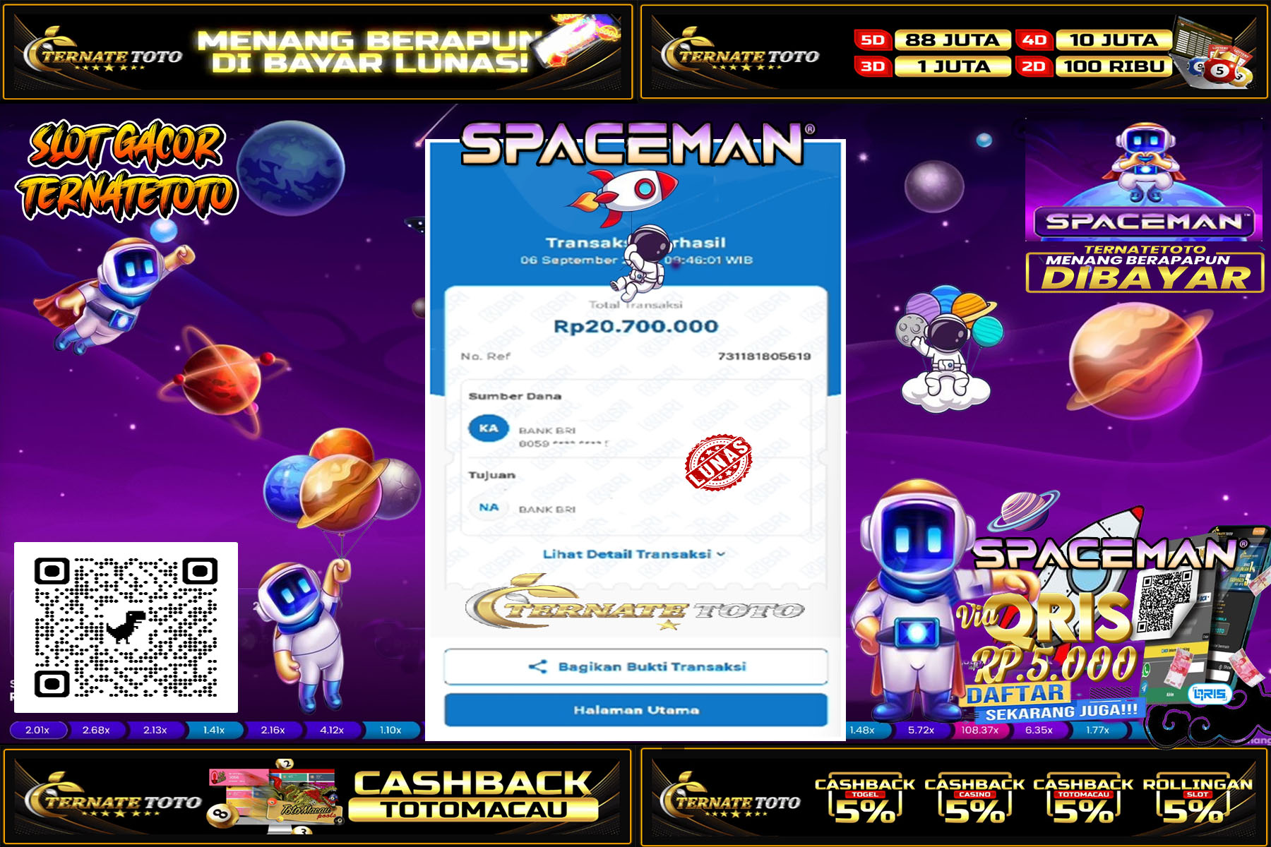 TERNATETOTO - JACKPOT SLOT SPACEMAN Rp. 20,700,000,-