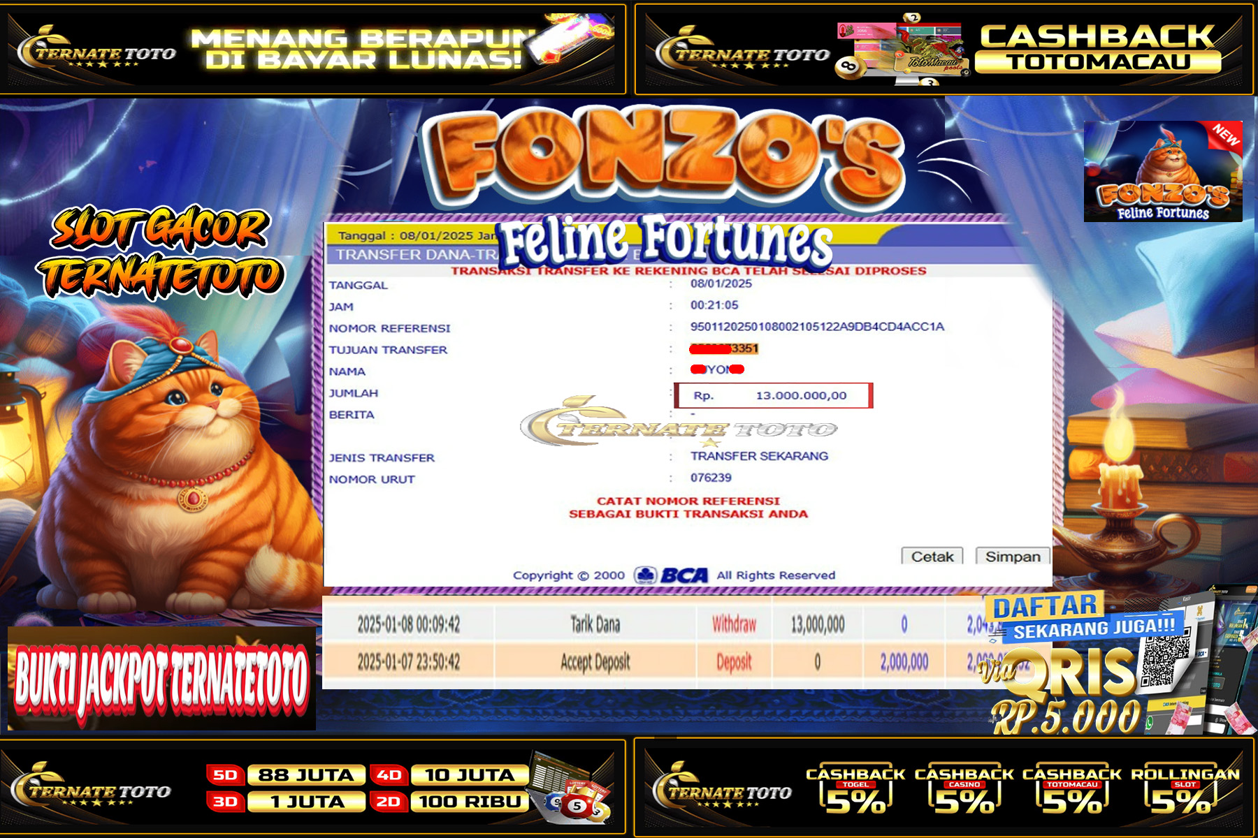 TERNATETOTO - JACKPOT SLOT FONZE  Rp. 13,000,000,-