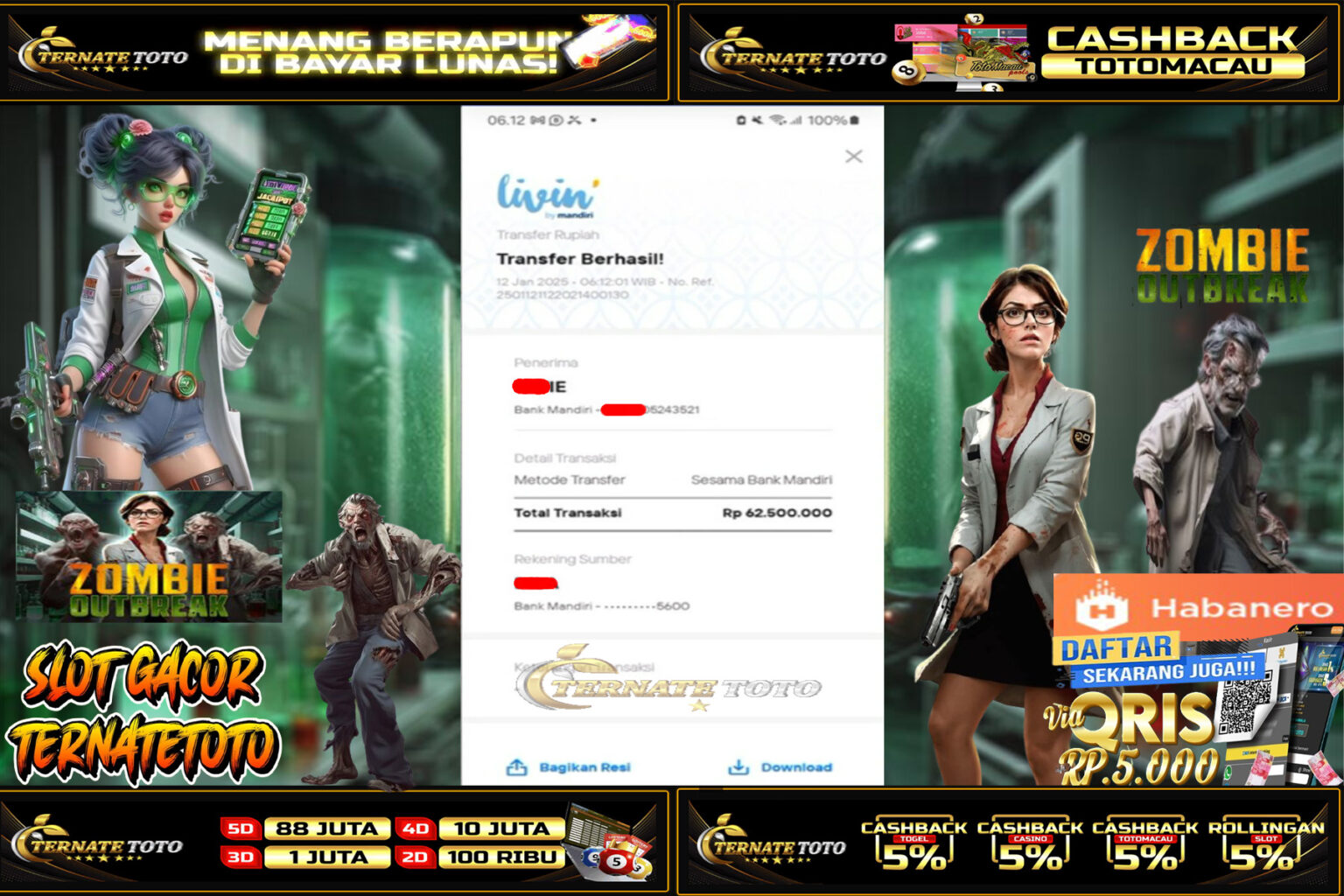 TERNATETOTO - JACKPOT SLOT HABANERO ZOMBIE OUTBOUND Rp. 62,500,000,-